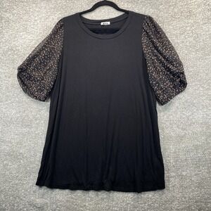 West K Womens 1X Top Black Sheer Puff Sleeve Animal Print Soft Business Casual